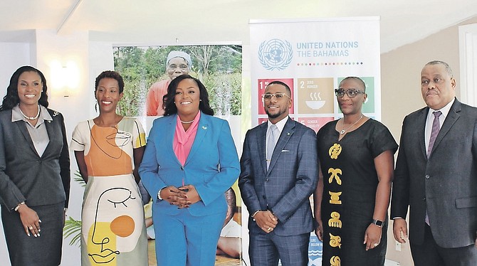 FROM left, Minister of State for Public Service Pia Glover-Rolle; Tonni Ann Brodber, representative,
UN Women Multi-Country Office; Minister of State for Social Services and Urban Development Lisa
Rahming; chairman of the Bahamas Development Bank Senator Quinton Lightbourne; Denise Antonio,
UNDP resident representative, Jamaica, The Bahamas, Bermuda, Cayman Islands, and Turks
and Caicos; and United Nations resident coordinator Dr Garry Conille.