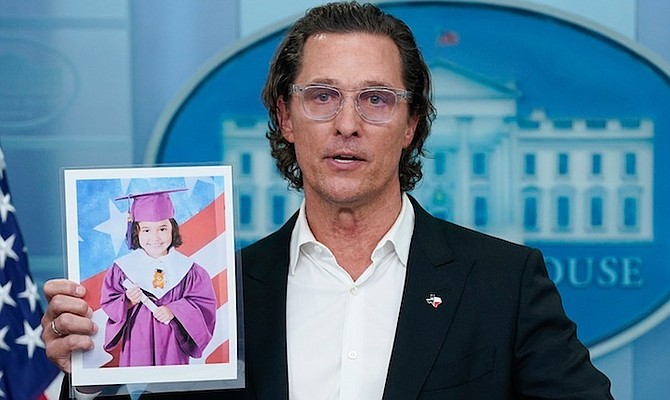 ACTOR Matthew McConaughey holds a picture or Alithia Ramirez, 10, who was killed in the mass shooting at an elementary school in Uvalde, Texas, as he speaks during a press briefing at the White House.