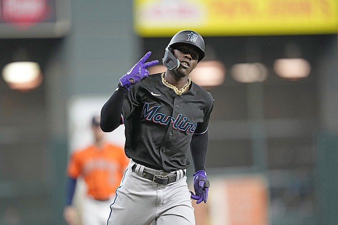 MIAMI Marlins’ Jasrado “Jazz” Chisholm Jr celebrates after hitting a home run against the Houston
Astros during the first inning on Friday in Houston.
(AP Photo/David J Phillip)