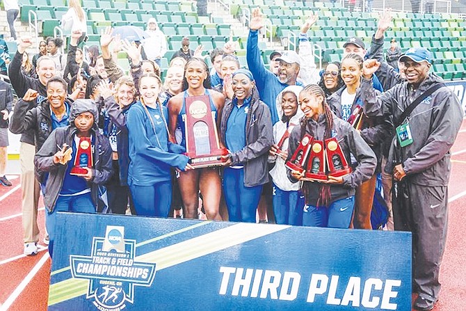 UNIVERSITY of Kentucky, coached by Lonnie Greene and Debbie Ferguson-McKenzie and featuring Megan Moss, celebrate their third place finish at the NCAA Championships. The National Collegiate Athletic Association (NCAA) 2022 Outdoor Championships concluded on Saturday at the Hayward Field in Eugene, Oregon with just one Bahamian competing in a final event. Doneisha Anderson, top left, representing the University of Florida Gators, ran the second leg on their women’s 4 x 400 metre team that placed ninth in three minutes and 31.16 seconds.