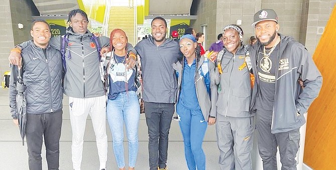 LEEVAN SANDS, far right, with some of the other Bahamian athletes who competed at the NCAA Outdoor Championships.