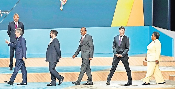 FROM front left, Ecuador President Guillermo Lasso, Chilean President Gabriel Boric Font, Antigua and Barbuda’s Prime Minister Gaston Alphonso Browne, Canadian Prime Minister Justin Trudeau and Barbados Prime Minister Mia Amor Mottley at the Summit of the Americas. Photo: Marcio Jose Sanchez/AP