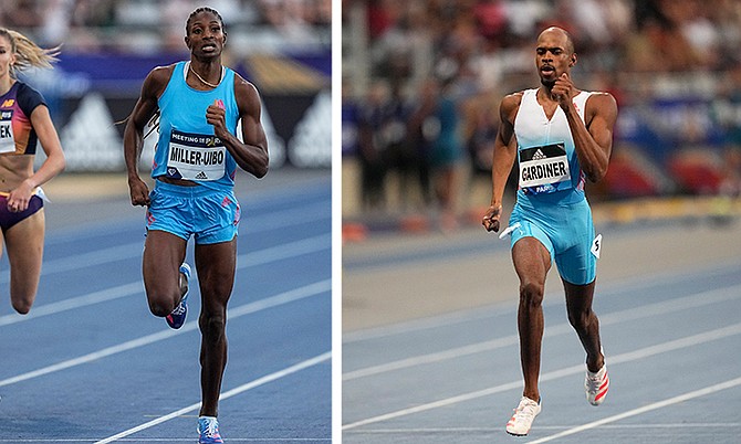 Shaunae Miller-Uibo and Steven Gardiner on their way to winning their 400 metres races at the Diamond League athletics meeting at Charlety stadium in Paris, Saturday. (AP Photo/Michel Euler)