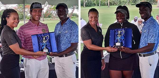 LEFT: Men’s national amateur champion Heathcliff Kane gets his award from Jackie Cleare and Anthony Hinsey. 

RIGHT: Women’s national amateur champion Ashley Michel receives her national championship trophy from Cleare and Hinsey.