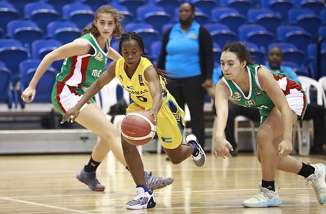 DWAYNAE Knowles in action for Team Bahamas yesterday against Mexico in the FIBA Under-15
Centrobasket Championships in Gurabo, Puerto Rico.