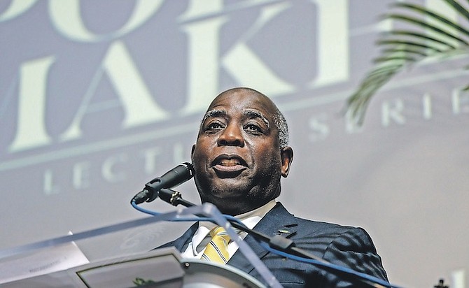 PRIME Minister Philip “Brave” Davis speaking in the Meet The Policy Makers lecture series at the University of The Bahamas. Photo: Austin Fernander