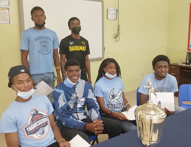 SIX students from Tabernacle Baptist Christian Academy are off to college after receiving track and field scholarships in the United States. Seated from left are Thomas Grant (Colby Community College), Isaiah Bain (Talladega University), Stephanique Dean (Southwestern Baptist University), Deangelo McKie (Iowa Community College). And standing from left are Zion Campbell (Iowa Community College) and Lynden Johnson (Munroe College). 
Photo by Denise Maycock
