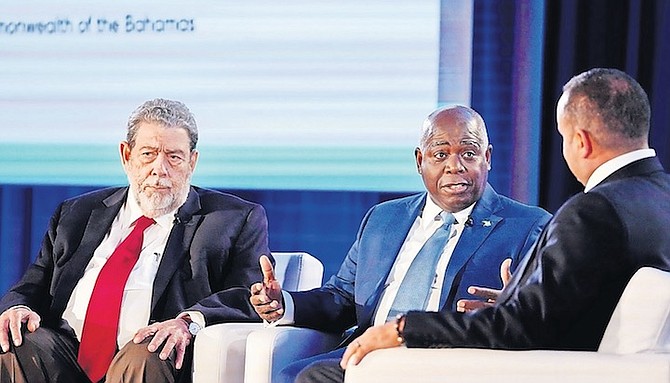 PRIME Minister Philip “Brave” Davis alongside the Prime Minister of St Vincent and the Grenadines, Ralph Gonsalves, during the Concordia Americas Summit this week in Miami.