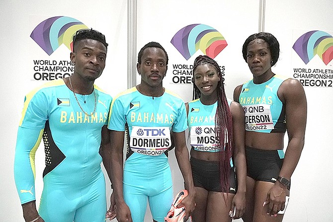 The Bahamas mixed relay team of Alonzo Russell, Bradley Dormeus, Megan Moss and Doneisha Anderson.