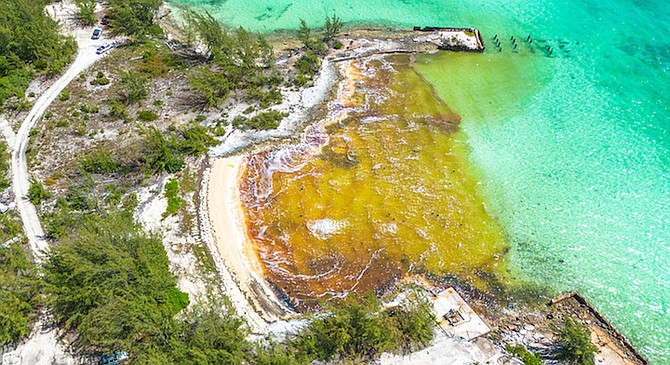 An aerial view of the oil spill in Exuma. Photo: Reno Curling