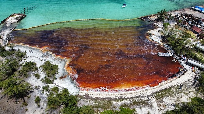 The oil spill in Exuma waters. (Photo: Ministry of Works and Utilities)
