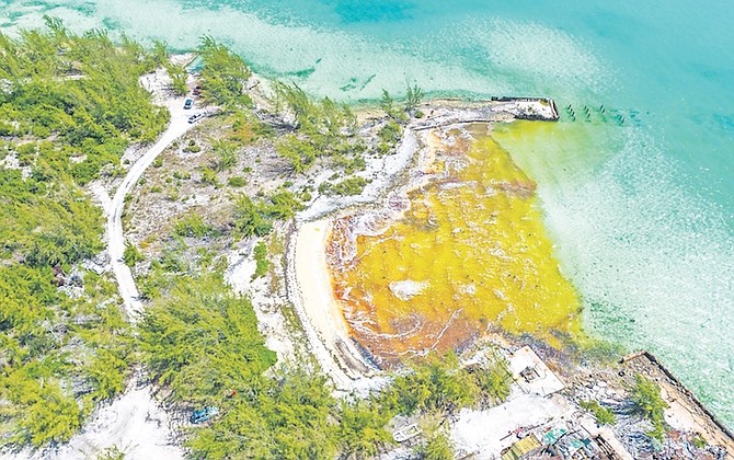 AN AERIAL photograph shows the extent of the oil spill in Exuma yesterday. Photo: Reno Curling