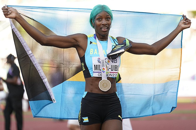 Gold medallist Shaunae Miller-Uibo after winning the final of the women's 400 metres at the World Athletics Championships on Friday in Eugene, Ore. (AP Photo/Ashley Landis)