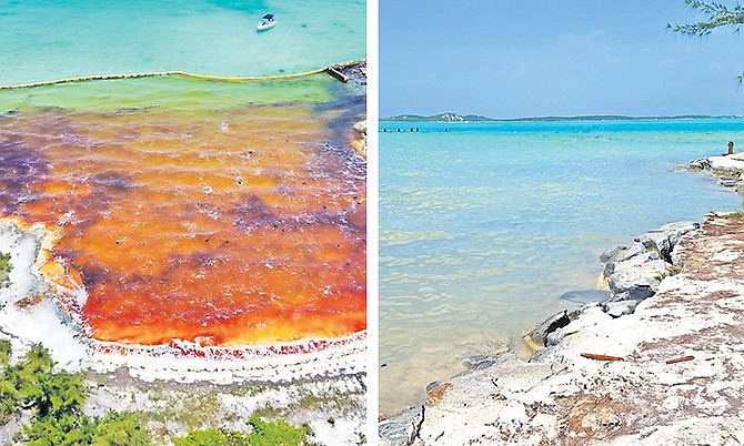 EXUMA after the diesel spill, left, and, right, after the clean-up effort began.