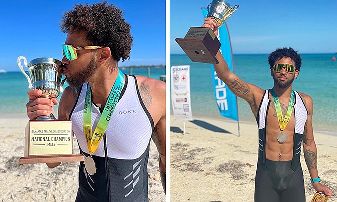 ARMANDO Moss kisses his trophy after winning the Bahamas Triathlon Association’s national championship title at Jaws Beach in May. As a result of his performance, Moss has earned the rights to represent the Bahamas in triathlon at the Commonwealth Games that will be staged from July 27 to August 7 in Birmingham, England.