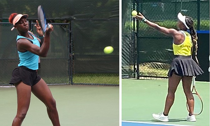 ELANA MACKEY, left, and Sydney Clarke in action yesterday at the Billie Jean King Cup in the Dominican Republic.