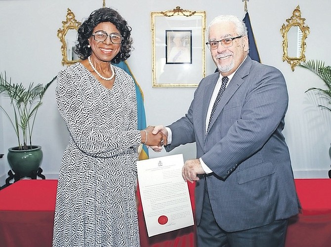 CYNTHIA “Mother” Pratt sworn in as Deputy to the Governor General yesterday by Chief Justice Sir Brian Moree. 
Photo: Patrick Hanna/BIS