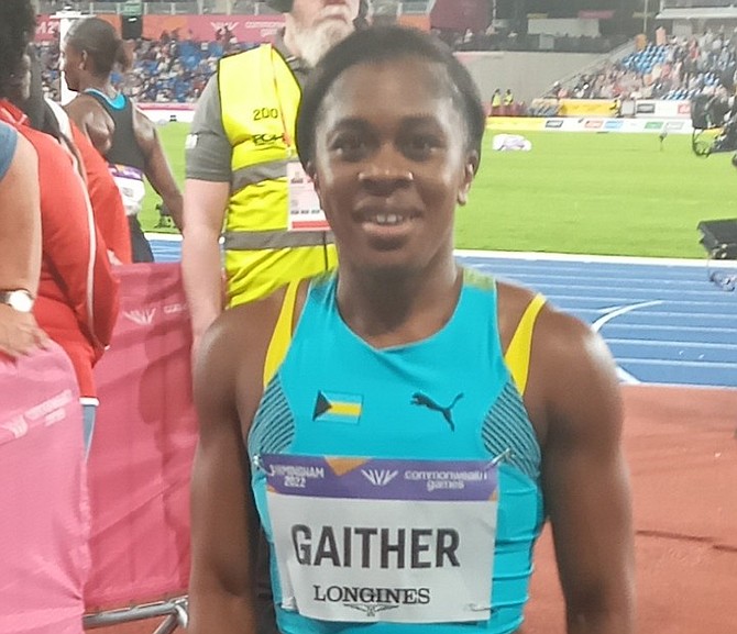 Tynia Gaither put together two solid races yesterday for a seventh place finish in the women’s 100
metres in the jam-packed Alexander Stadium at the Commonwealth Games.