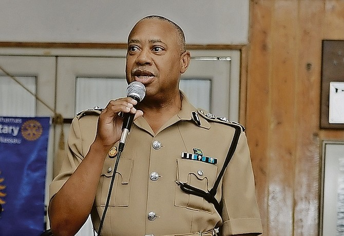 POLICE Commissioner Clayton Fernander speaking at a Rotary meeting yesterday. Photo: Austin Fernander