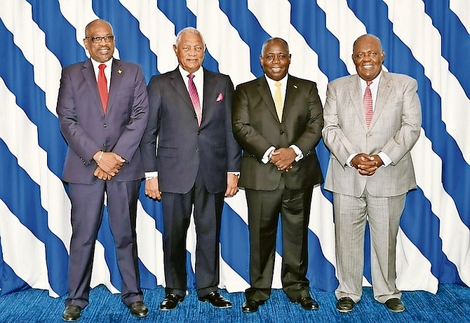 Pictured at yesterday’s conference are, from left, former Prime Minister Dr Hubert Minnis, former Prime Minister Perry Christie, Prime Minister Phillip “Brave” Davis, and former Prime Minister Hubert Ingraham.
Photo: Austin Fernander