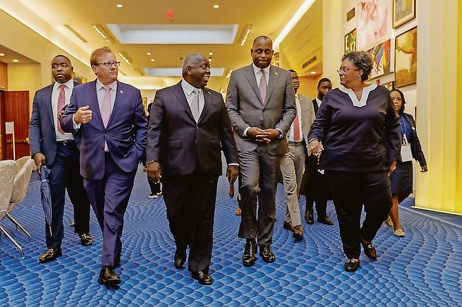 Pictured left to right: Attorney General Senator Ryan Pinder, Prime Minister Philip ‘Brave’ Davis, Prime Minister of Dominica Roosevelt Skerrit and Prime Minister of Barbados Mia Mottley.
