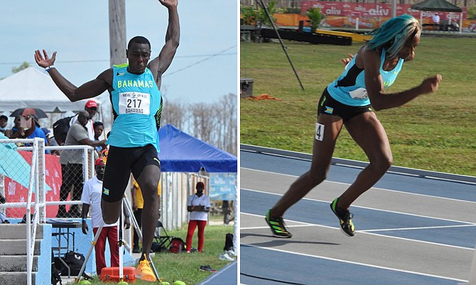 LEFT: LaQuan Nairn soaring in Grand Bahama.
RIGHT: Shaunae Miller-Uibo at the starting line.
Photos: Vandyke Hepburn