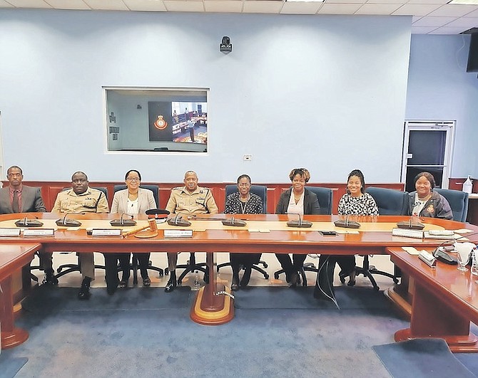 FROM left, Assistant Superintendent of Police Anthony McCartney, Assistant Commissioner of Police
Kenwood Taylor, Senior Counsel Adrianna Knowles Rahming, Commissioner of Police Clayton
Fernander, NIRFC Dr. Cassandra Nottage, Chief Counsel Tiffany Moss, Assistant Commissioner of
Police Danielle Francis, Assistant Superintendent of Police Yvette Deveaux Davis (Financial Crime
Unit) at Police Head Quarters on August 17.