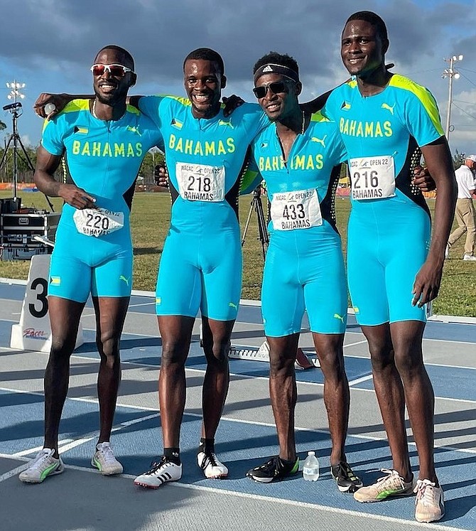BAHAMAS men’s 4 x 400 metre relay team, from left to right, of Shakeem Smith, Kinard Rolle, Alonzo Russell and Wendall Miller. 
Photo: Derek Carroll