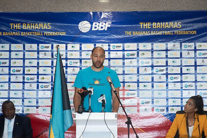 MYCHEL THOMPSON JR speaking at yesterday’s press conference. Thompson Jr is expected to be one of the 12 players to suit up for Team Bahamas when they take on Venezuela 8pm Thursday at Kendal Isaacs Gymnasium. 
Photo top: Moise Amisial/Tribune Staff