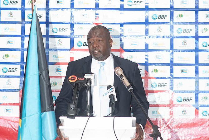 SPORTS TOURISM PUSH: Minister of Youth, Sports and Culture Mario Bowleg speaks during a press conference earlier this week ahead of Team Bahamas’ game against Venezuela in the FIBA Americas Cup Qualifier at the Kendal Isaacs Gymnasium tonight. 
Photo: Moise Amisial/Tribune Staff