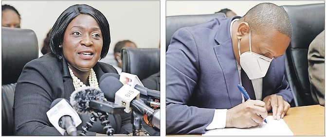 BAHAMAS Nurses Union president Amancha Williams, left, and Public Health Authority chairman Andrew Edwards at yesterday’s industrial agreement signing. Photos: Austin Fernander