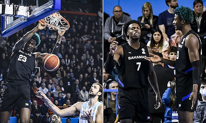 TEAM Bahamas’ Kai Jones, of the Charlotte Hornets, dunks the ball last night in the FIBA Americas 2023 World Cup Qualifier against Argentina. At right, Buddy Hield and Jones have a few words.