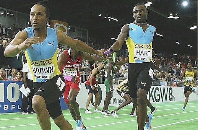 SHAVEZ Hart passing the baton on to Chris Brown in the men’s silver medal performance at the World Indoor Championships in Portland in 2016.