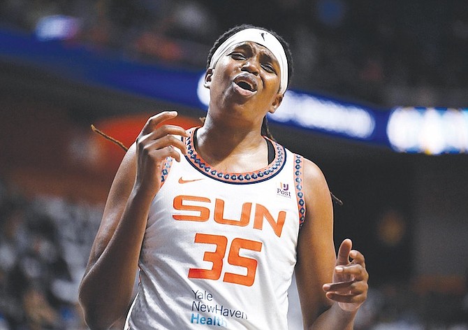 CONNECTICUT Sun forward Jonquel Jones reacts during Game 3 of a WNBA basketball semifinal playoff series against the Chicago Sky yesterday in Uncasville, Connecticut. 
(AP Photos/Jessica Hill)