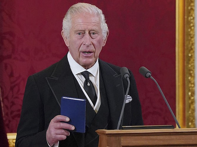 King Charles III makes his declaration during the Accession Council at St James's Palace, London, Saturday, where he is formally proclaimed monarch. (Jonathan Brady/Pool Photo via AP)