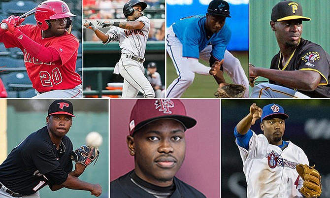 CLOCKWISE FROM TOP LEFT: D’SHAWN KNOWLES, ANFERNEE SEYMOUR, IAN LEWIS, TAHNAJI THOMAS, COACH ALBERT CARTWRIGHT, URAL FORBES and CHAVEZ FERNANDER.