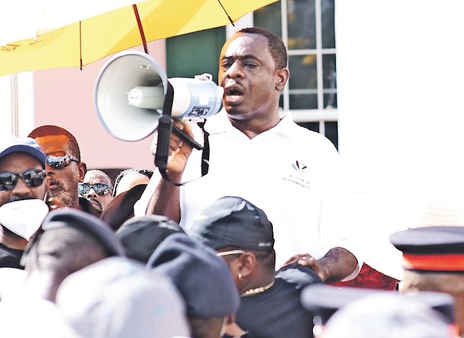 LINCOLN Bain addressing a protest outside the House of Assembly yesterday, with attendees angry
over government plans to change citizenship laws - even though no draft bill has been released as
yet. Photo: Moise Amisial