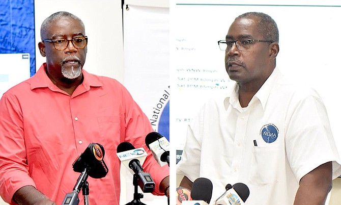 Jeffrey Simmons, Acting Director for the Department of Meteorology, and National Emergency Management Agency (NEMA) Director Captain Stephen Russell speaking at Saturday's press conference.
Photos: Bahamas Information Services