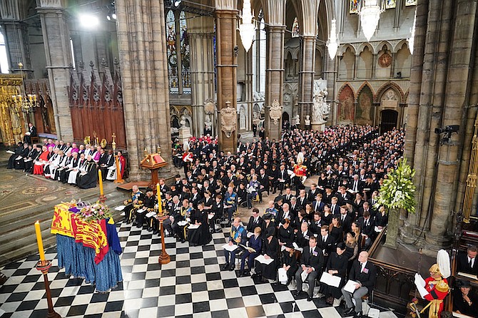 The funeral service of Queen Elizabeth II at Westminster Abbey in central London, Monday. (Dominic Lipinski/Pool via AP)