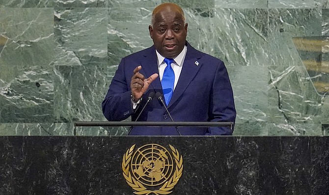 Prime Minister Philip 'Brave' Davis addresses the 77th session of the United Nations General Assembly, Saturday at UN headquarters. (AP Photo/Mary Altaffer)