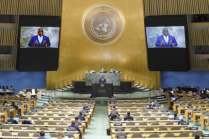 Prime Minister Philip 'Brave' Davis addresses the 77th session of the United Nations General Assembly, recently at UN headquarters. (AP Photo/Mary Altaffer)