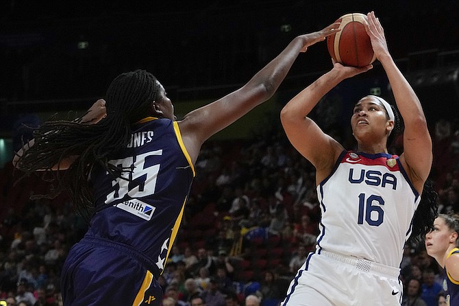 United States' Brionna Jones shoots for goal as Bosnia and Herzegovina's Jonquel Jones attempts to block during their game at the women's Basketball World Cup in Sydney, Australia, Tuesday, Sept. 27, 2022. (AP Photo/Mark Baker)