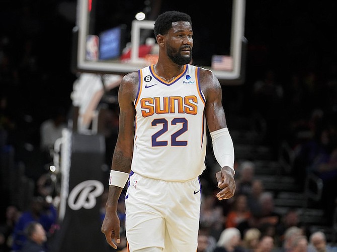 Phoenix Suns' Deandre Ayton (22) during the first half of an NBA preseason basketball game against the Adelaide 36ers Sunday, Oct. 2, 2022, in Phoenix. (AP Photo/Darryl Webb)