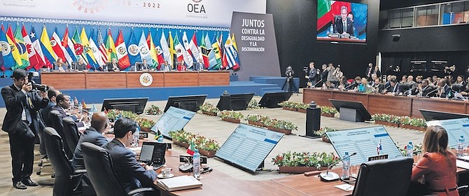 LEADERS attend the Ministerial Meeting of the Summit Implementation Review Group during the 52nd General Assembly of the Organization of American States (OAS) in Lima, Peru, on October 6.
Photo: Cris Bouroncle/AP