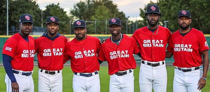 SHOWN, from left to right, are Bahamian players on Team Great Britain - Ural Forbes, Anfernee Seymour, Albert Cartwright, D’Shawn Knowles, Tahnaj Thomas and Chavez Fernander.