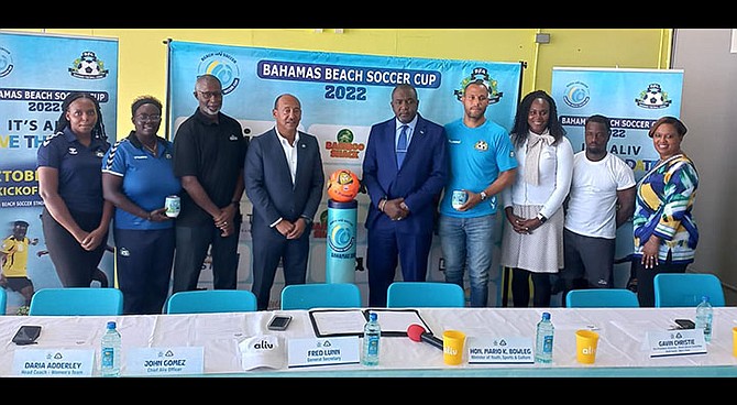 SHOWN, from left to right, are Hadassah Knowles, women’s national team player, Daria Adderley, women’s national team head coach, James Gomez, chief Aliv officer, Fred Lunn, BFA secretary general, Minister of Youth, Sports, and Culture Mario Bowleg, Gavin Christie, men’s national team head coach, Kelsie Johnson, director of sports, Lesly St Fleur, men’s national team head coach and Anya James, BFA executive vice president.