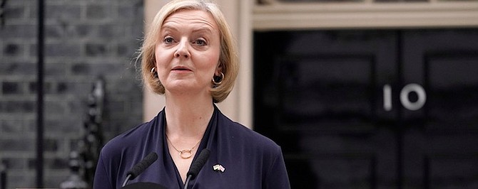BRITAIN’S Prime Minister Liz Truss announcing her resignation as leader of the UK Conservative Party in Downing Street in London on Thursday. Photo: Alberto Pezzali/AP