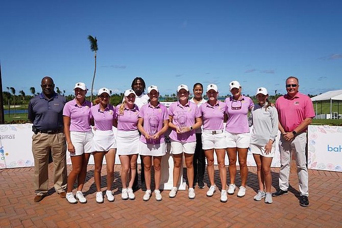 THE LIPSCOMB University Bisons with their trophy after winning White Sands Bahamas NCAA Women’s Golf Invitational, hosted by the Little Rock Trojans at the Ocean Club Golf Course.