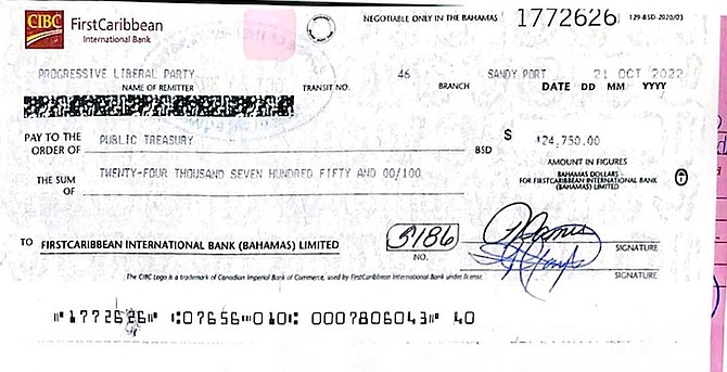 The PLP released an image of the cheque that reportedly paid for the trip.
