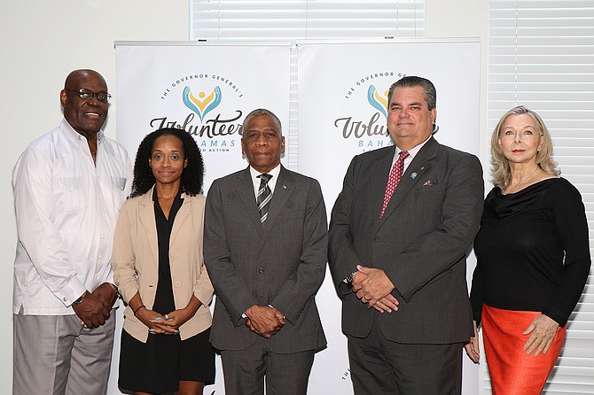 Governor General's Volunteer Bahamas Committee members are pictured with Secretary to the Governor, Office of the Governor General Jack Thompson, centre. Committee members are from left: Vice-Chairman Anthony Newbold; member Patrice 'Puppy' Robinson; Chairman Lindsey Cancino; and planning committee member/PR Serena Williams. Not pictured are planning committee members, Undersecretary/Ministry of Education Lisa Adderley; and committee member Archdeacon Keith Cartwright.

BIS photos: Letisha Henderson